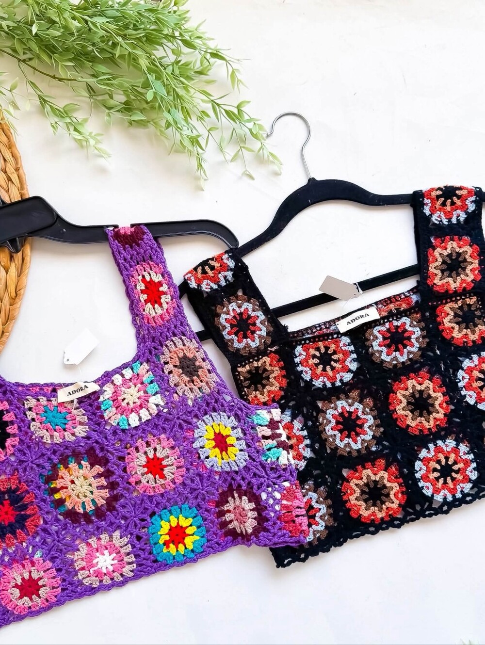 ADORA Crochet Colorful Granny Squares Crop Top in Purple Or Black